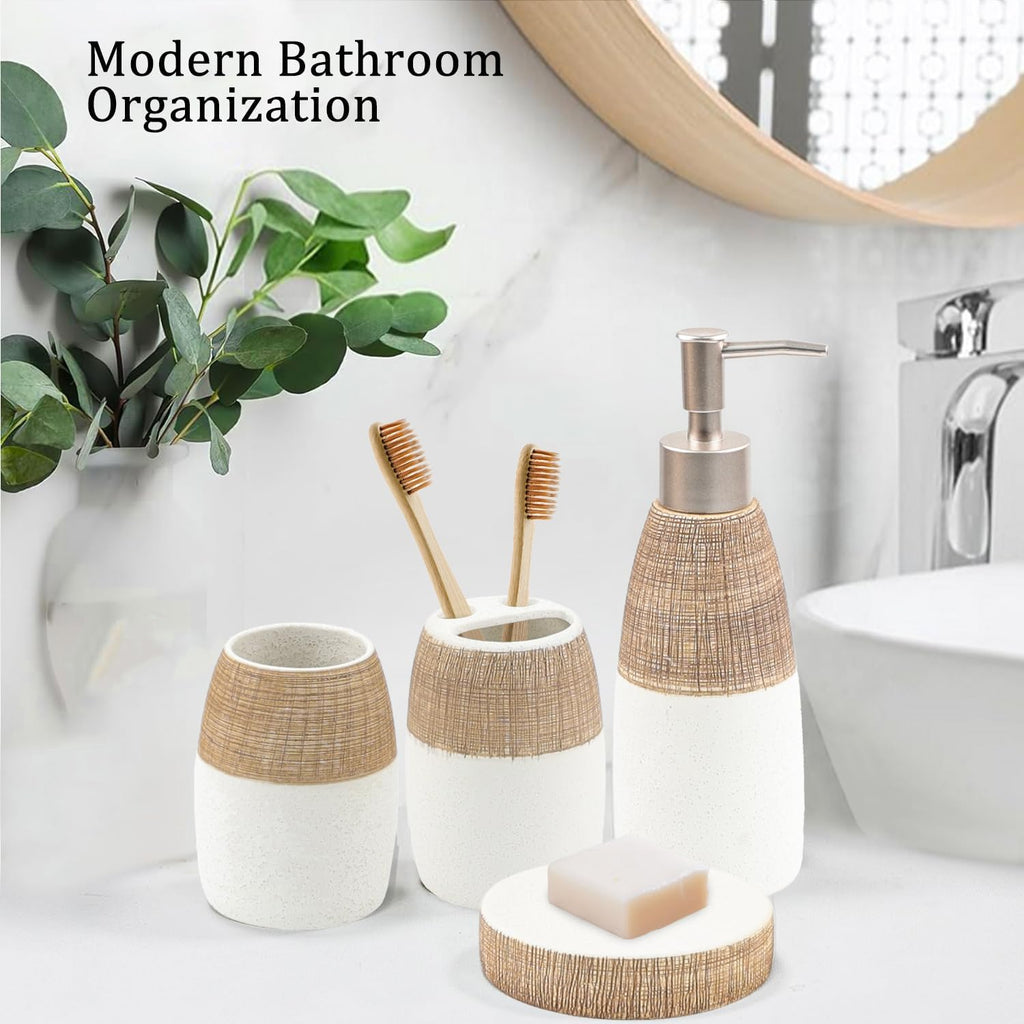 CERBIOR Bathroom Accessories Set,4 Pcs Ceramic Bathroom Decor Accessory,Includes Toothbrush Holder, Toothbrush Cup, Soap Dish for Decorative Countertop and Housewarming Gift, (Brown White)