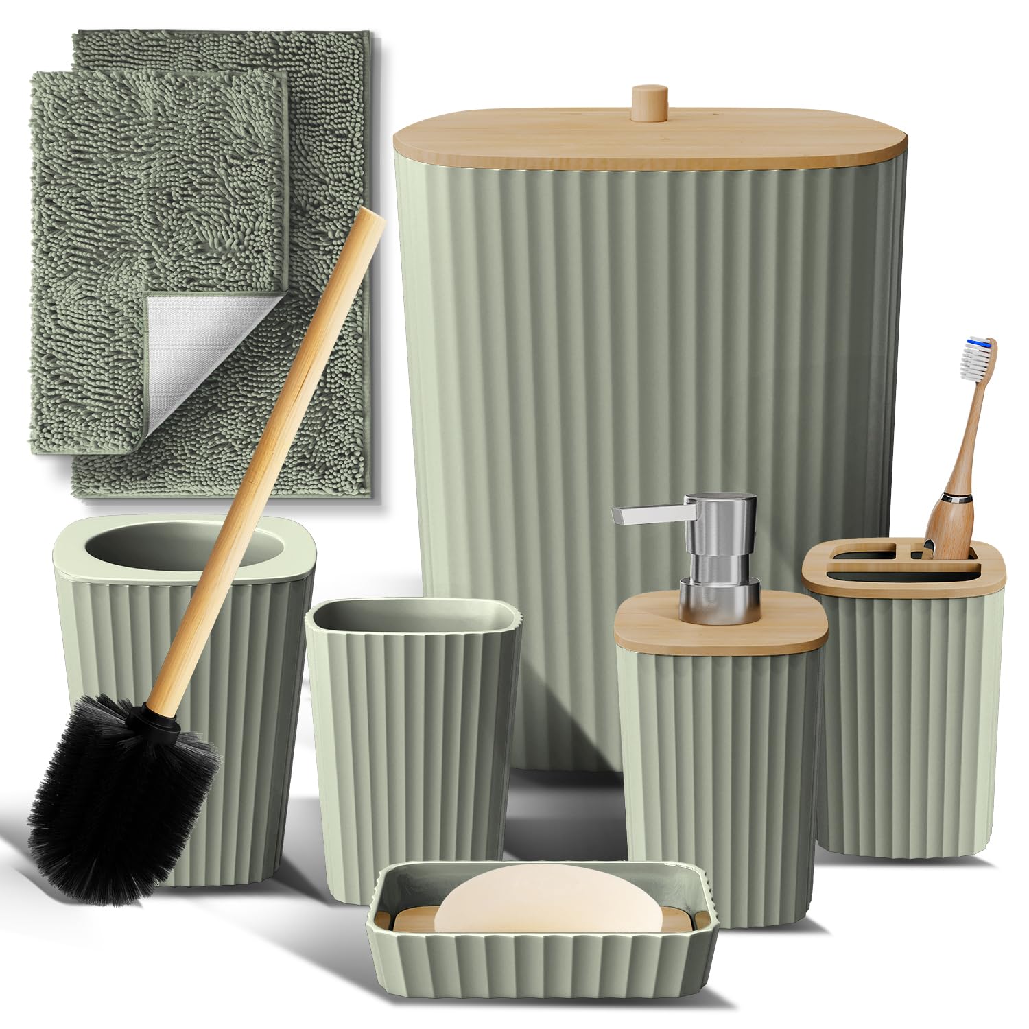 Clara Clark Bathroom Set - Sage Green Bathroom Accessories Set, 6PC Bathroom Accessory Set, Bathroom Sets with Toilet Brush, Trash Can & Soap Dispenser