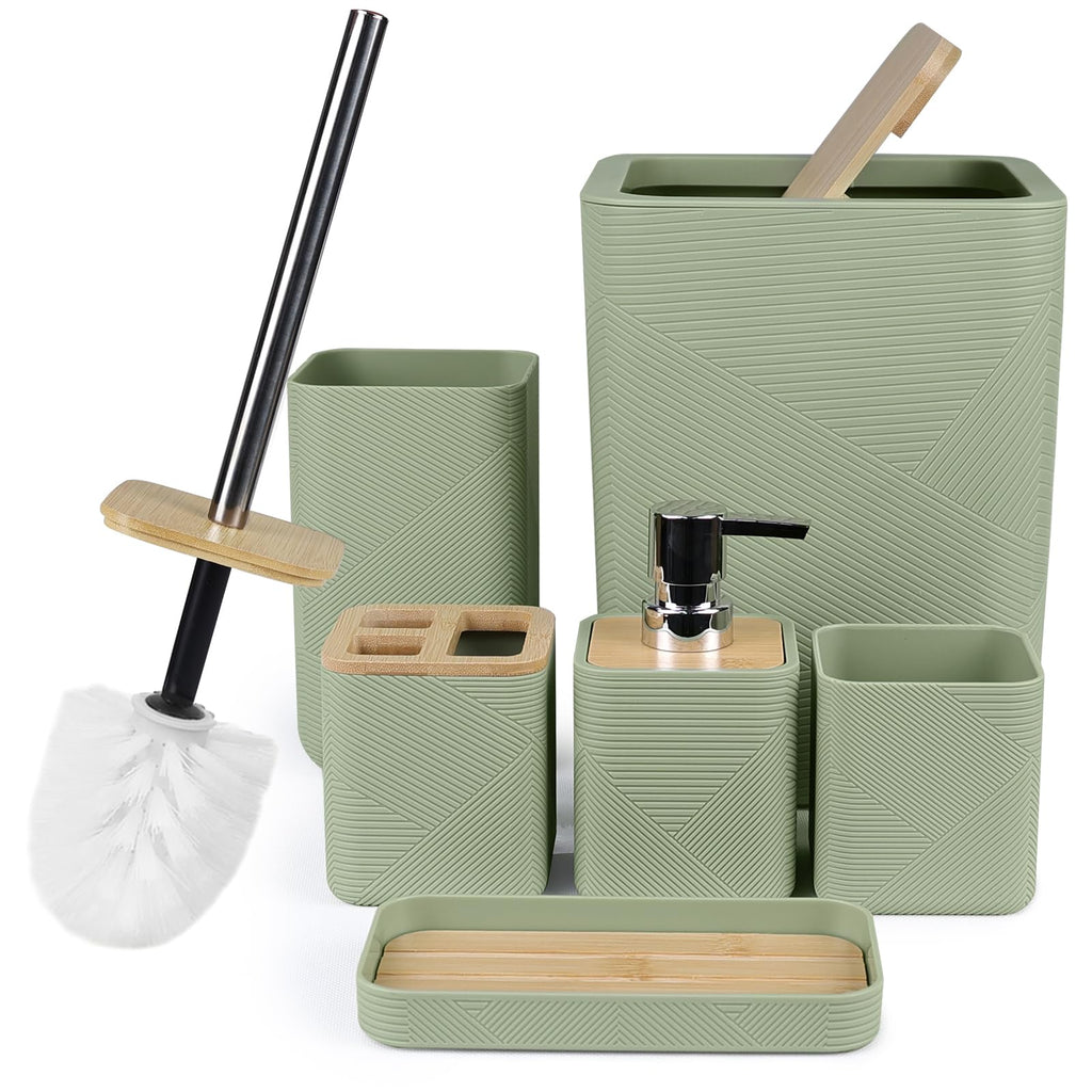 CERBIOR Bathroom Accessories Set 6 Piece Bamboo Bath Ensemble Includes Soap Dispenser, Toothbrush Holder, Toothbrush Cup, Soap Dish for Decorative Countertop and Housewarming Gift (Black)