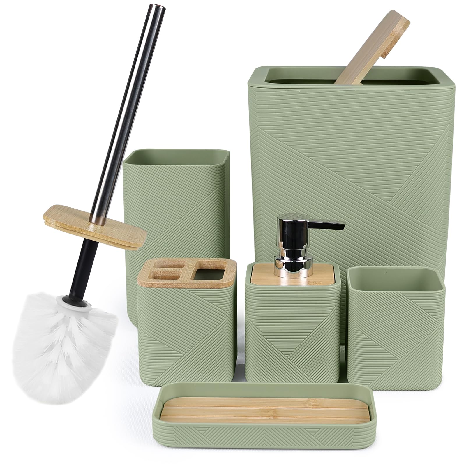 CERBIOR Bathroom Accessories Set 6 Piece Bamboo Bath Ensemble Includes Soap Dispenser, Toothbrush Holder, Toothbrush Cup, Soap Dish for Decorative Countertop and Housewarming Gift (Black)