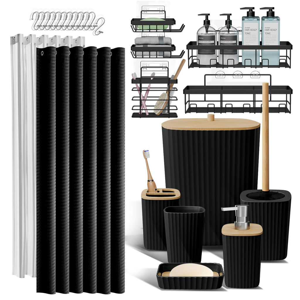 Clara Clark Bathroom Accessories Set - Bathroom Set, Bathroom Accessory Set, Shower Curtain Set, Toilet Brush, Trash Can & Soap Dispenser - Navy - 20PC