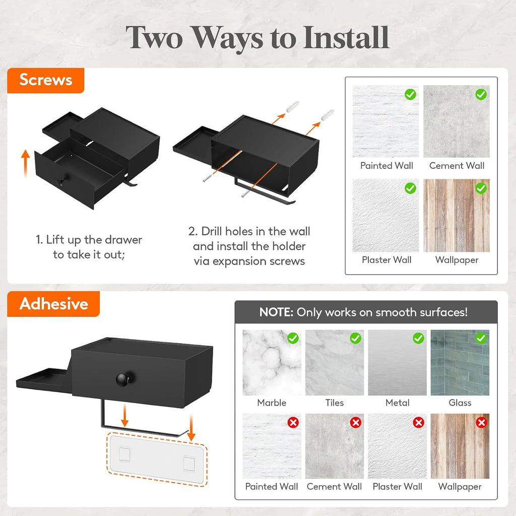 Lifewit Plastic Toilet Paper Holder with Shelf and Drawer, Screw or Adhesive Wall Mount Tissue Roll Storage, Sturdy Bathroom Wipes Dispenser Organizer, Black, 1 Pack