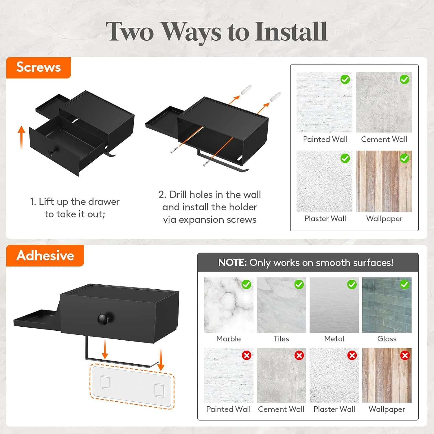 Lifewit Plastic Toilet Paper Holder with Shelf and Drawer, Screw or Adhesive Wall Mount Tissue Roll Storage, Sturdy Bathroom Wipes Dispenser Organizer, Black, 1 Pack