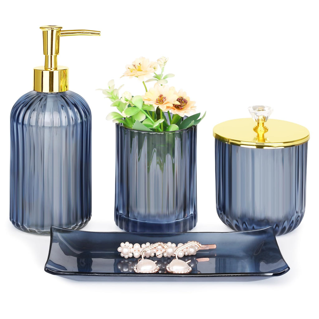 Haturi Bathroom Accessories Set, 4Pcs Sage Green Glass Bathroom Set Complete w/Bathroom Soap Dispenser Set, Toothbrush Holder, Qtip Holder, Soap Dish, Green Bathroom Decor, Gift for Home Apartment