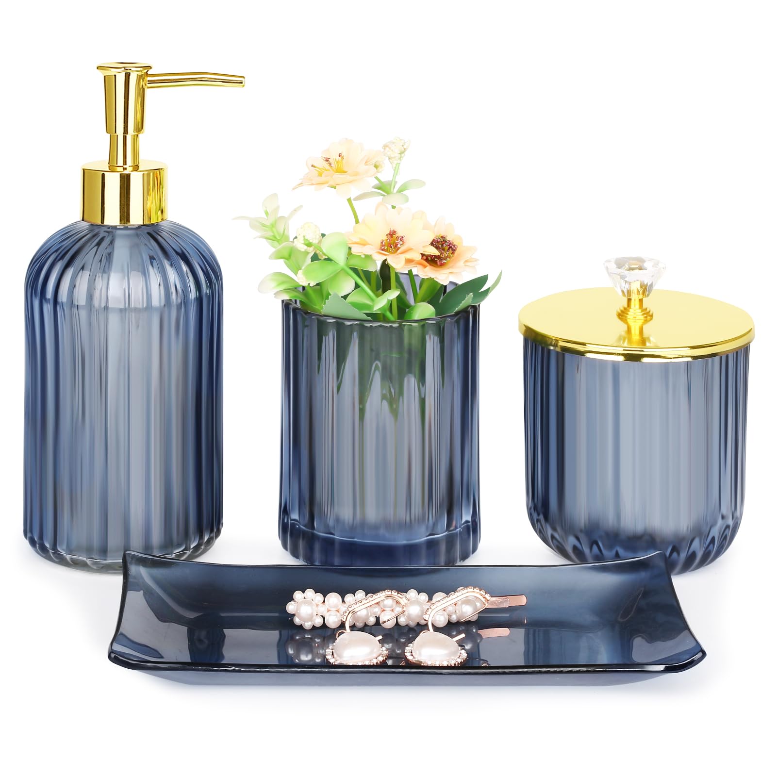 Haturi Bathroom Accessories Set, 4Pcs Sage Green Glass Bathroom Set Complete w/Bathroom Soap Dispenser Set, Toothbrush Holder, Qtip Holder, Soap Dish, Green Bathroom Decor, Gift for Home Apartment