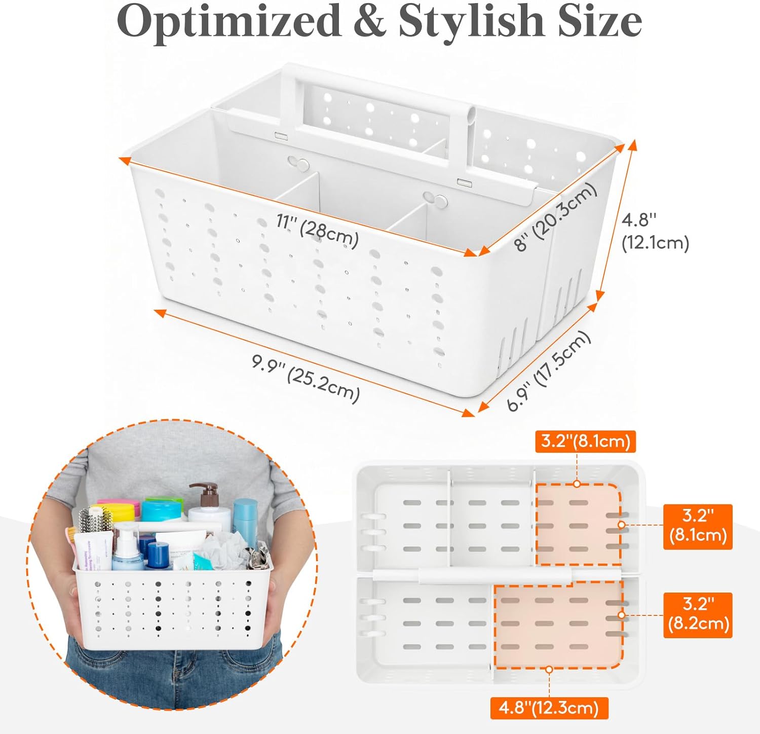 Lifewit Shower Caddy Portable, Caddy Organizer with Handle and Adjustable Dividers, Plastic Shower Basket for Dorm Room Essentials, College, Bathroom, White, 1 Pack