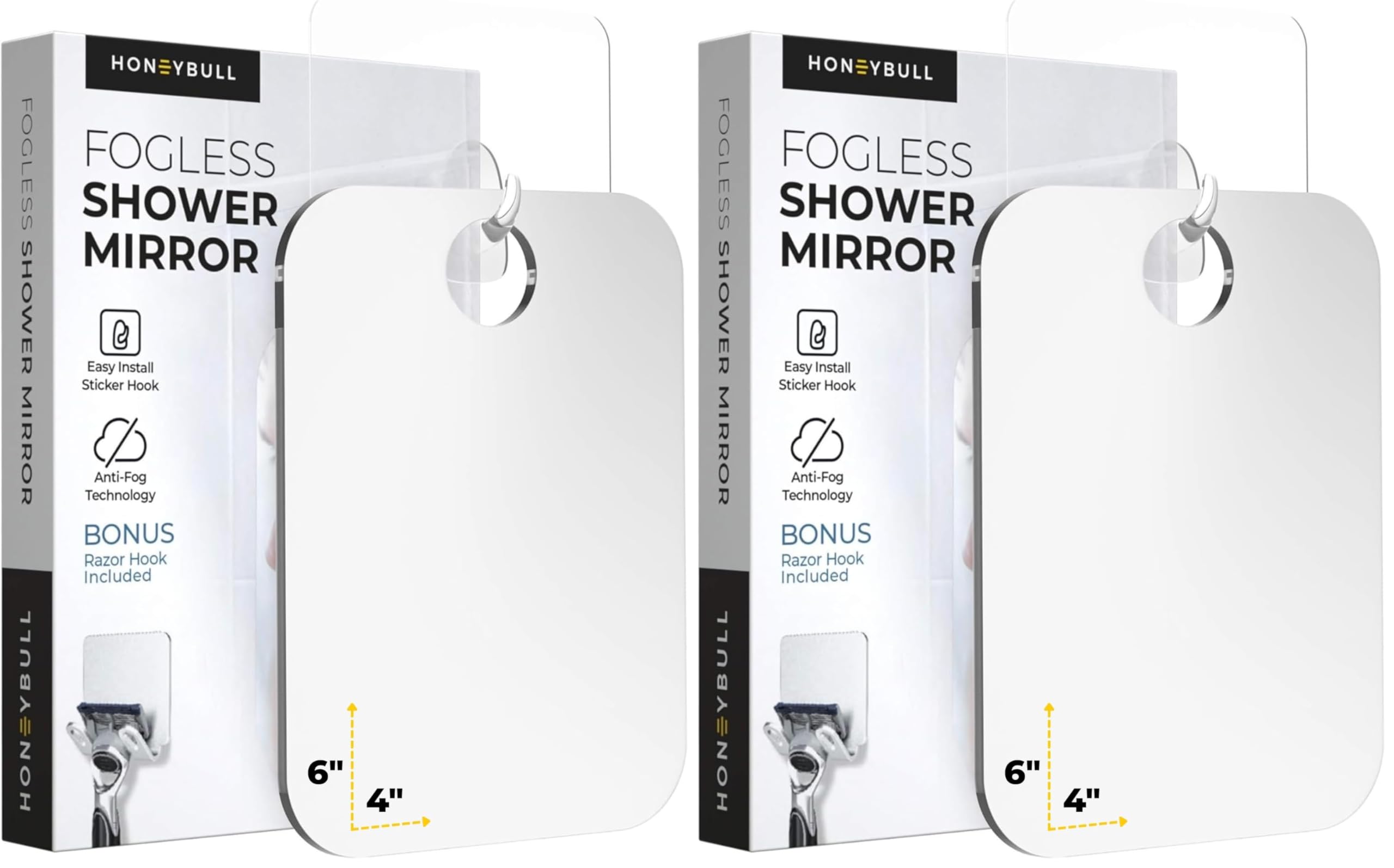 HONEYBULL Fogless Shower Mirror for Shaving – Anti-Fog Acrylic Mirror with Razor Holder, No-Drill Wall Mount, Flat Design for Steam Showers, Medium 6x8in