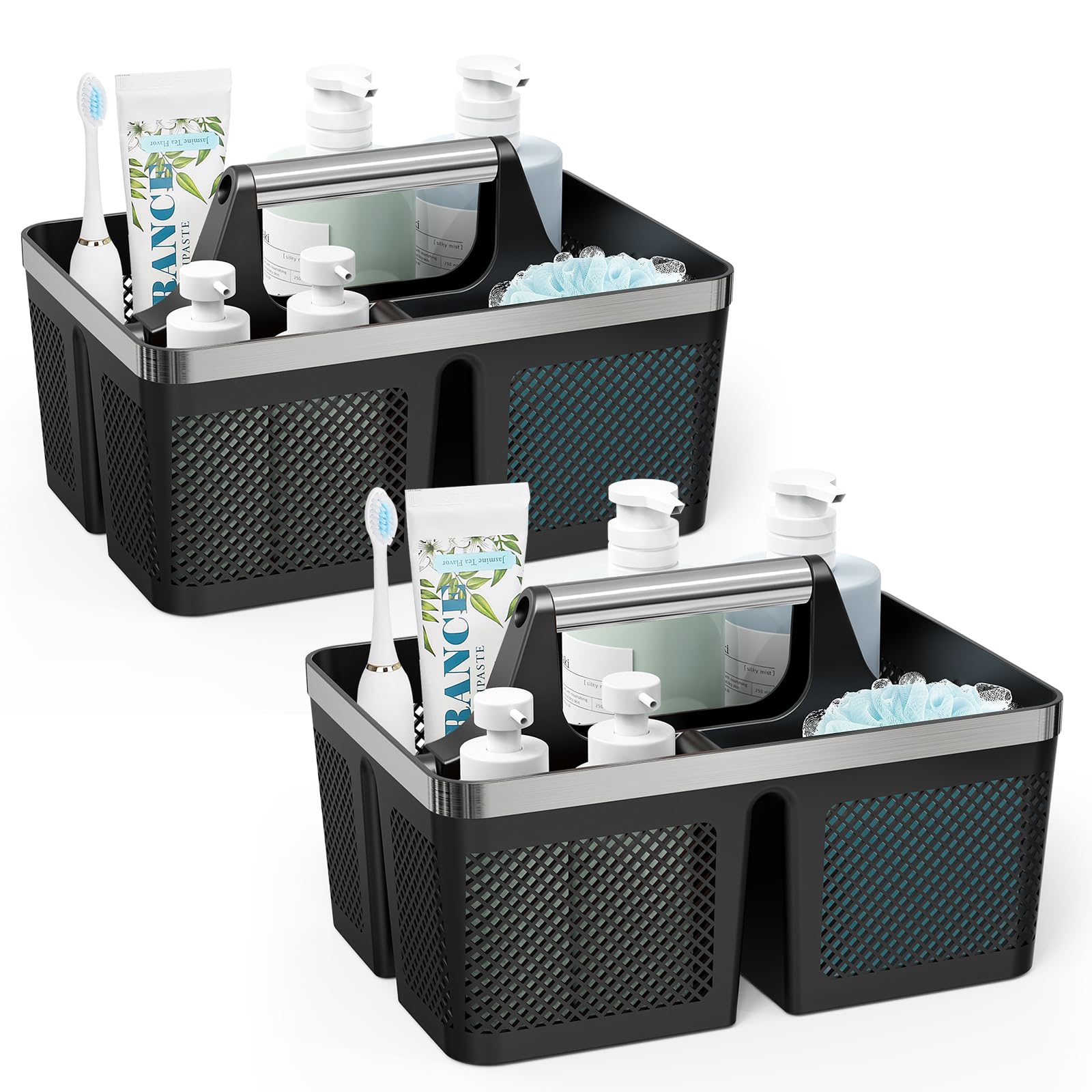 BYUNER Black Shower Caddy Portable: Plastic Bathroom Caddy Organizer with Handle and Holes, Cleaning Caddy, Hard Shower Basket Storage Tote for Toiletry, College Dorm Room Essentials for Men