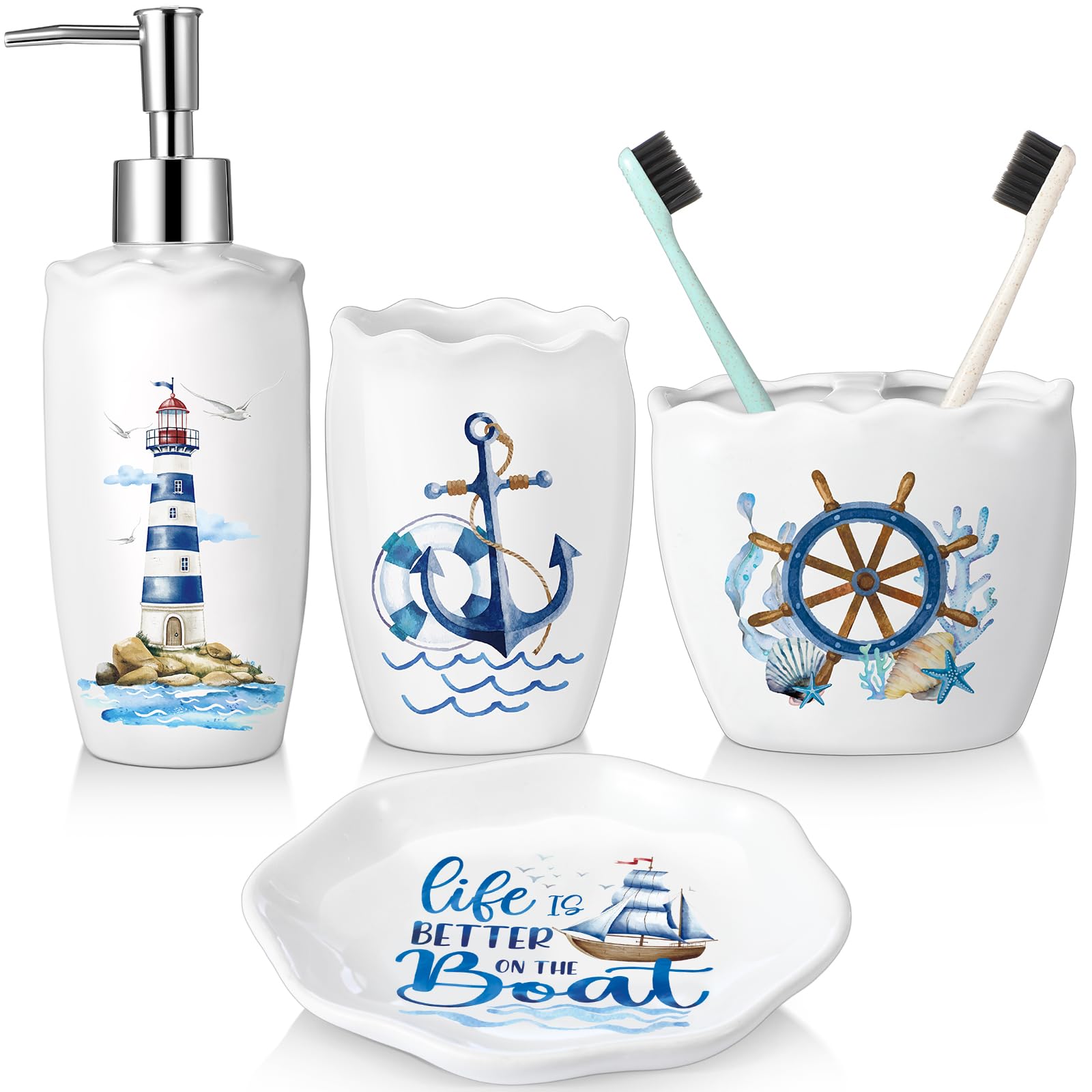 Newtay Ceramic Bathroom Accessories Set of 4, Wildflower Meadow Floral Decor with Butterflies & Gold Speckles, Soap Dispenser Pump, Toothbrush Holder, Tumbler Cup & Soap Dish for Countertop Vanity