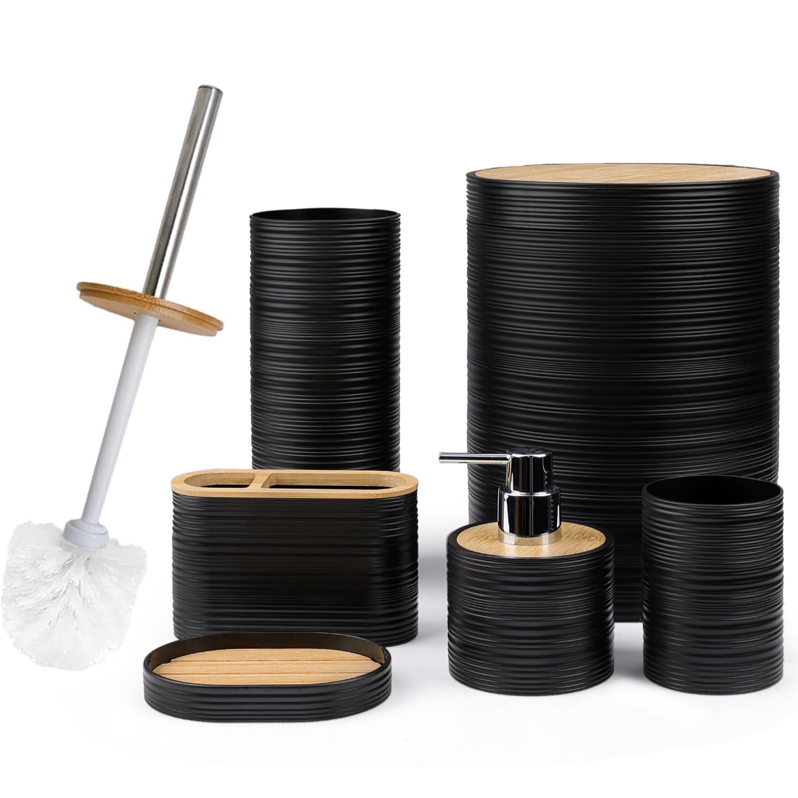 CERBIOR Bathroom Accessories Set 6 Piece Bamboo Bath Ensemble Includes Soap Dispenser, Toothbrush Holder, Toothbrush Cup, Soap Dish for Decorative Countertop and Housewarming Gift, Sriral Green