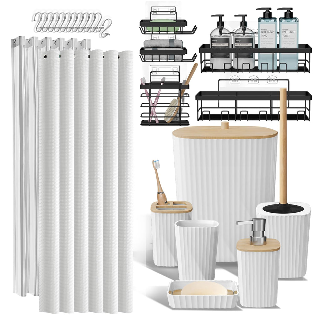Clara Clark Bathroom Accessories Set - Bathroom Set, Bathroom Accessory Set, Shower Curtain Set, Toilet Brush, Trash Can & Soap Dispenser - Navy - 20PC