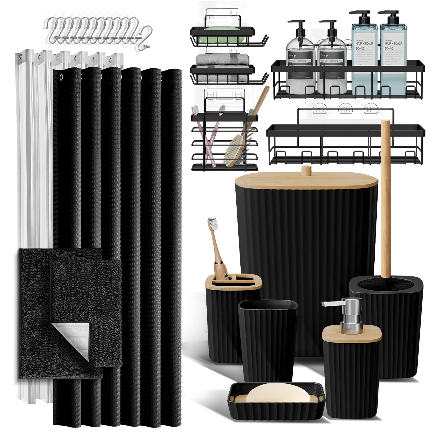 Clara Clark Bathroom Accessories Set - Bathroom Set, Bathroom Accessory Set, Shower Curtain Set, Toilet Brush, Trash Can & Soap Dispenser - Navy - 20PC