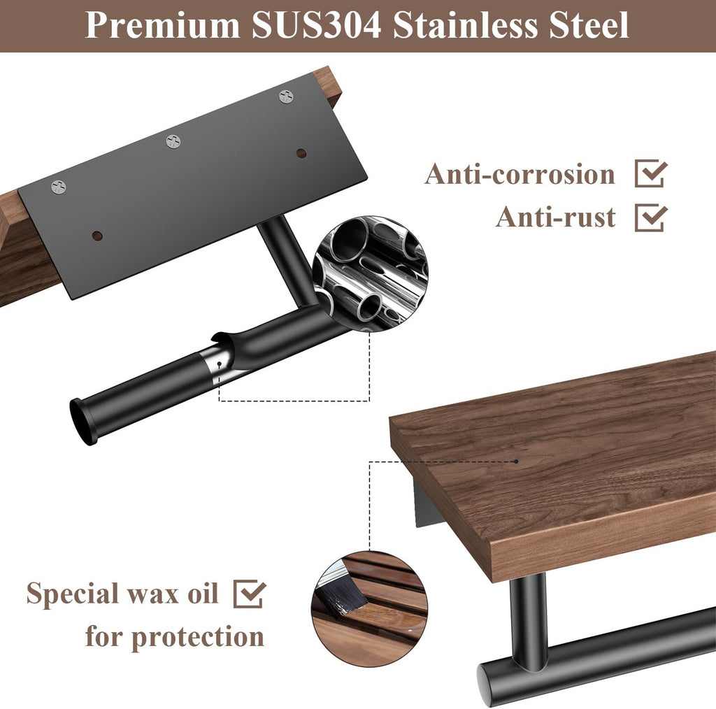 Walnut Matte Black Stainless Steel Wall Mount Toilet Paper Holder with Storage Shelf Bathroom Restroom Decor Accessory