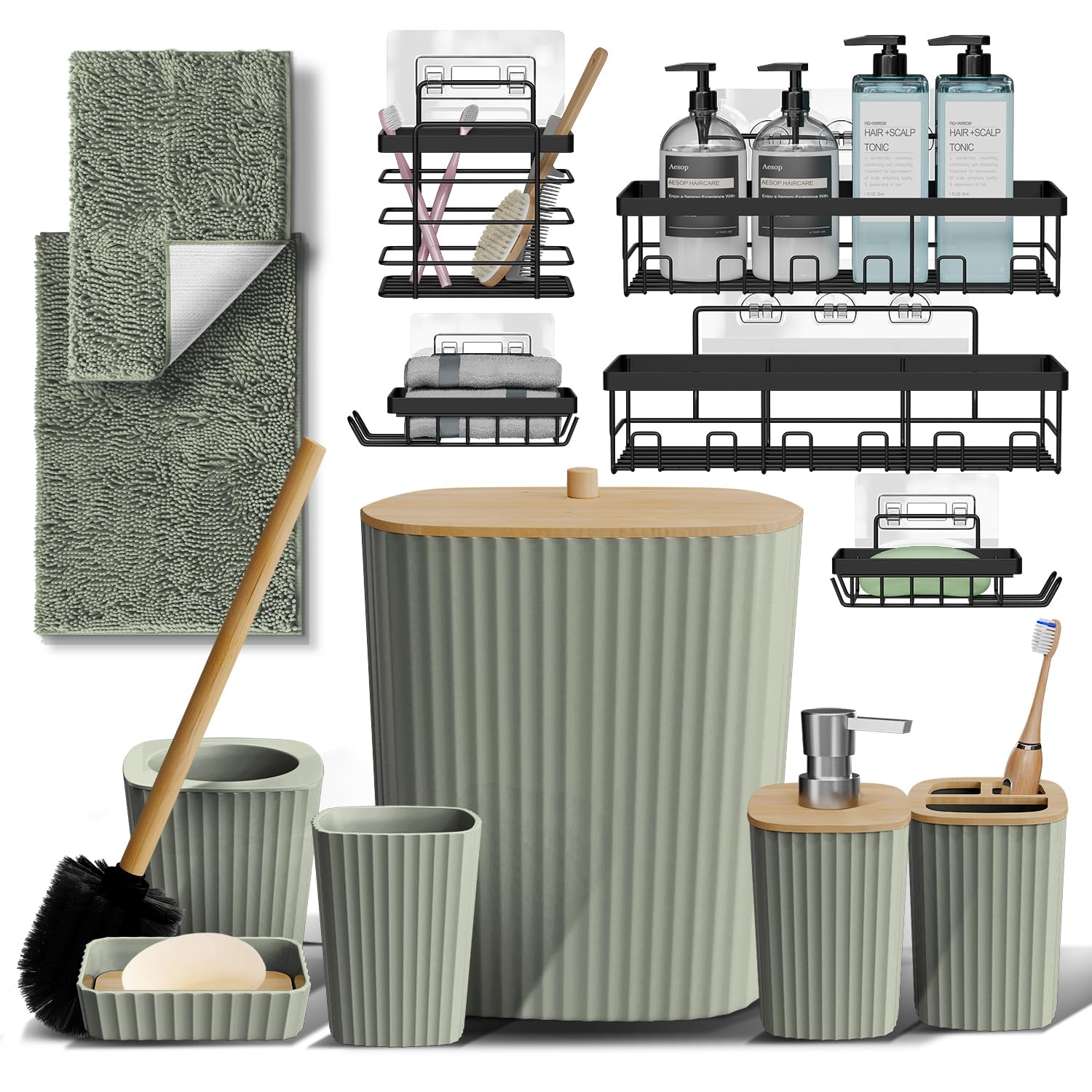 Clara Clark Bathroom Set - Sage Green Bathroom Accessories Set, 6PC Bathroom Accessory Set, Bathroom Sets with Toilet Brush, Trash Can & Soap Dispenser