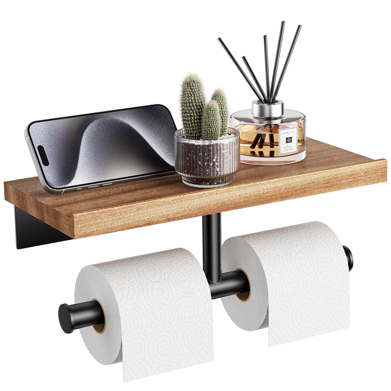 Walnut Matte Black Stainless Steel Wall Mount Toilet Paper Holder with Storage Shelf Bathroom Restroom Decor Accessory