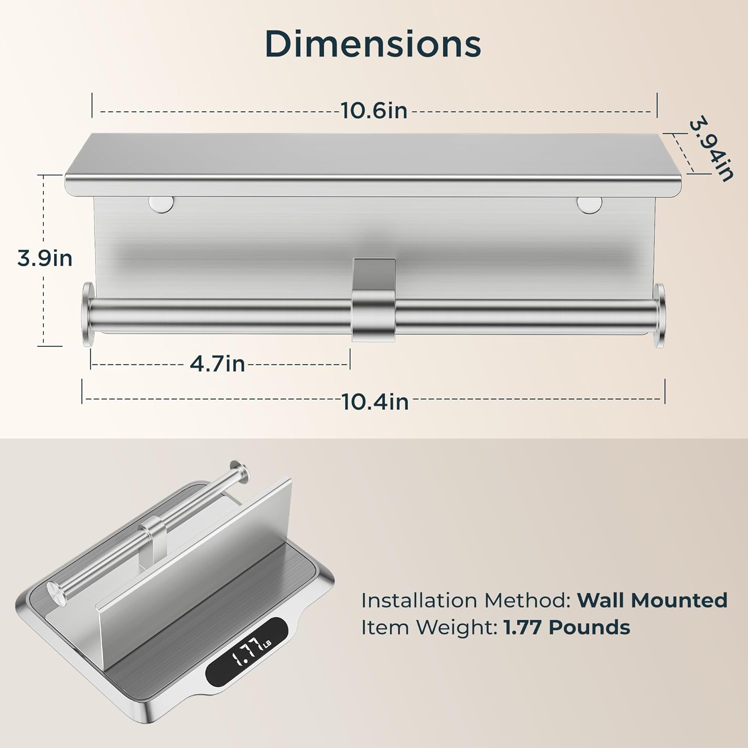 FORIOUS Double Toilet Paper Holder with Shelf, Wall Mount Tissue Roll Holder for Bathroom, 304 Stainless Steel Commercial Toilet Paper Dispensers with Phone Shelf (1, Brushed Nickel)