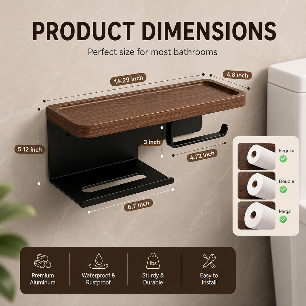Toilet Paper Holder with Wide Walnut Shelf, Wall Mount Matte Black | 14.29 X 4.8 in Wide Solid Wood Shelf with Waterproof Finish,Rust-Resistant SUS304 Stainless Steel,Adhesive or Screw Mount