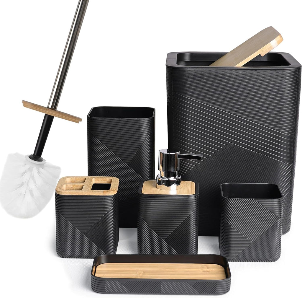 CERBIOR Bathroom Accessories Set 6 Piece Bamboo Bath Ensemble Includes Soap Dispenser, Toothbrush Holder, Toothbrush Cup, Soap Dish for Decorative Countertop and Housewarming Gift (Black)