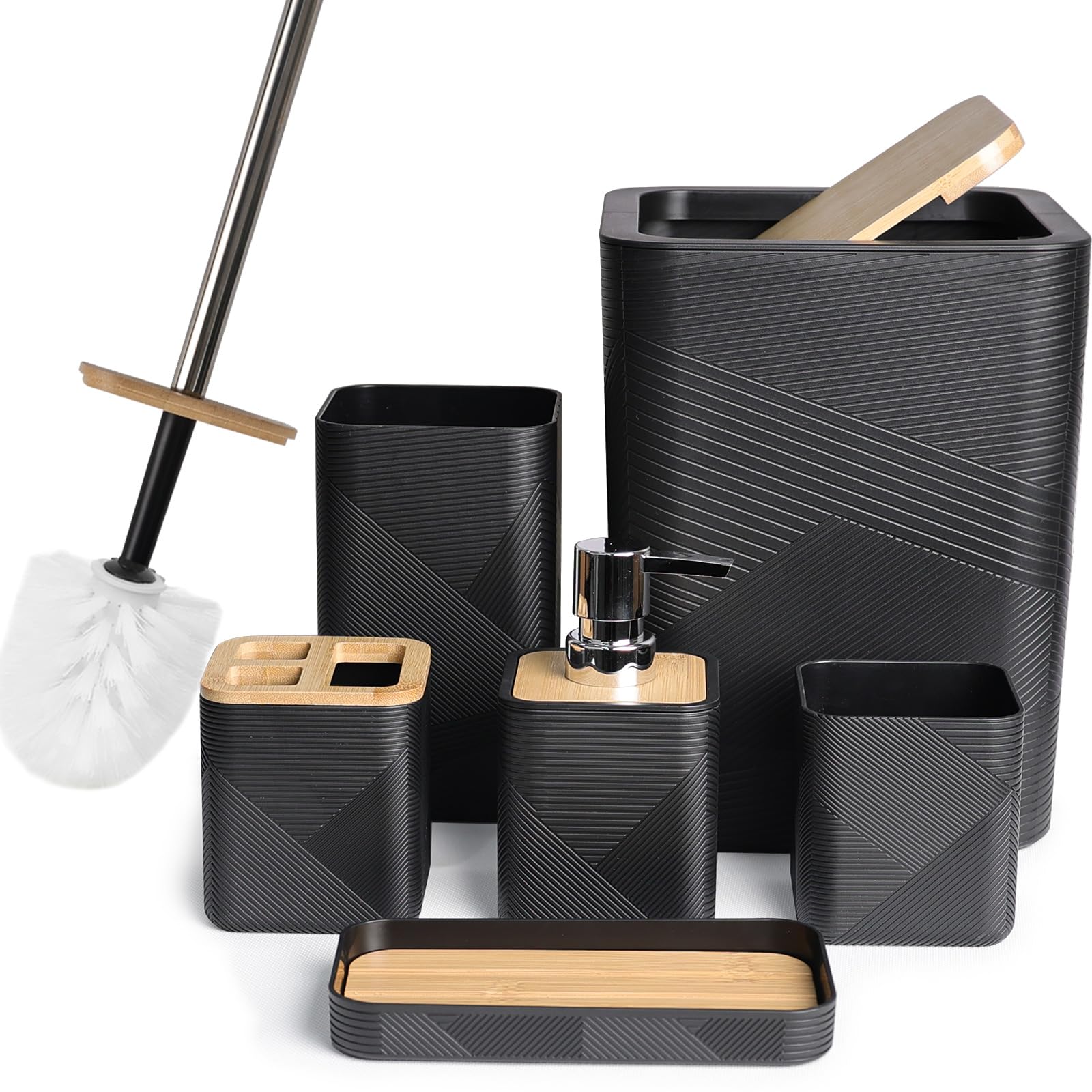 CERBIOR Bathroom Accessories Set 6 Piece Bamboo Bath Ensemble Includes Soap Dispenser, Toothbrush Holder, Toothbrush Cup, Soap Dish for Decorative Countertop and Housewarming Gift (Black)