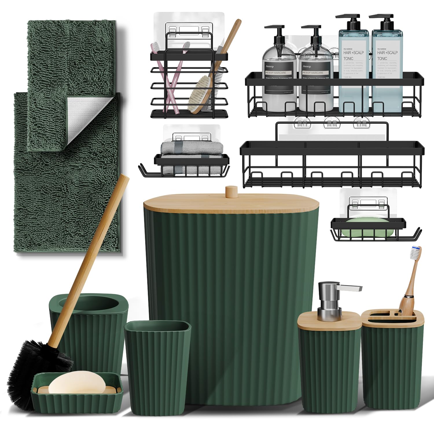 Clara Clark Bathroom Set - Sage Green Bathroom Accessories Set, 6PC Bathroom Accessory Set, Bathroom Sets with Toilet Brush, Trash Can & Soap Dispenser