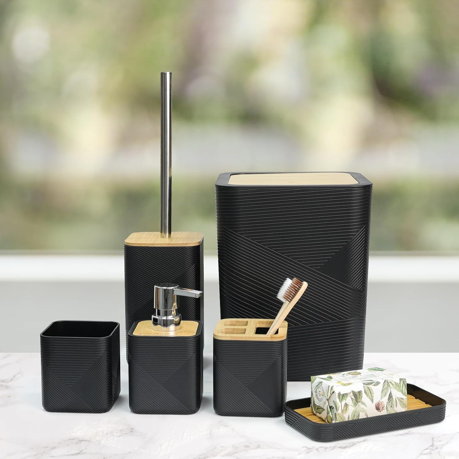 CERBIOR Bathroom Accessories Set 6 Piece Bamboo Bath Ensemble Includes Soap Dispenser, Toothbrush Holder, Toothbrush Cup, Soap Dish for Decorative Countertop and Housewarming Gift (Black)