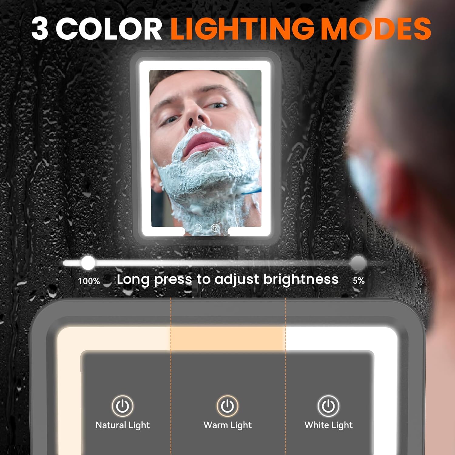 Heated Shower Mirror Fogless for Shaving with 3-Color Dimmable LED Lights, Rechargeable, 360 Degree Adjustable, Drill-Free, All-in-One Storage Tray Holds Shaving Foam, Brush and 2 Razors, Black