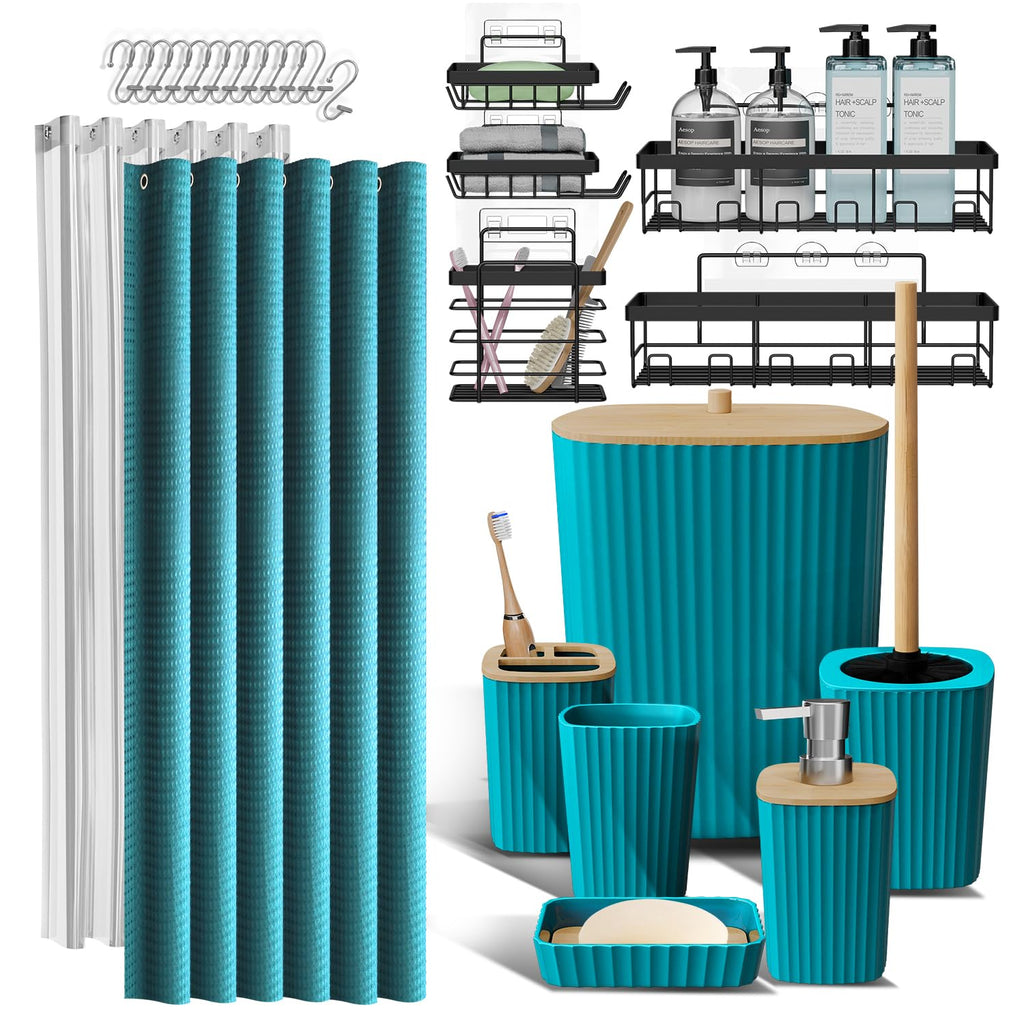 Clara Clark Bathroom Accessories Set - Bathroom Set, Bathroom Accessory Set, Shower Curtain Set, Toilet Brush, Trash Can & Soap Dispenser - Navy - 20PC