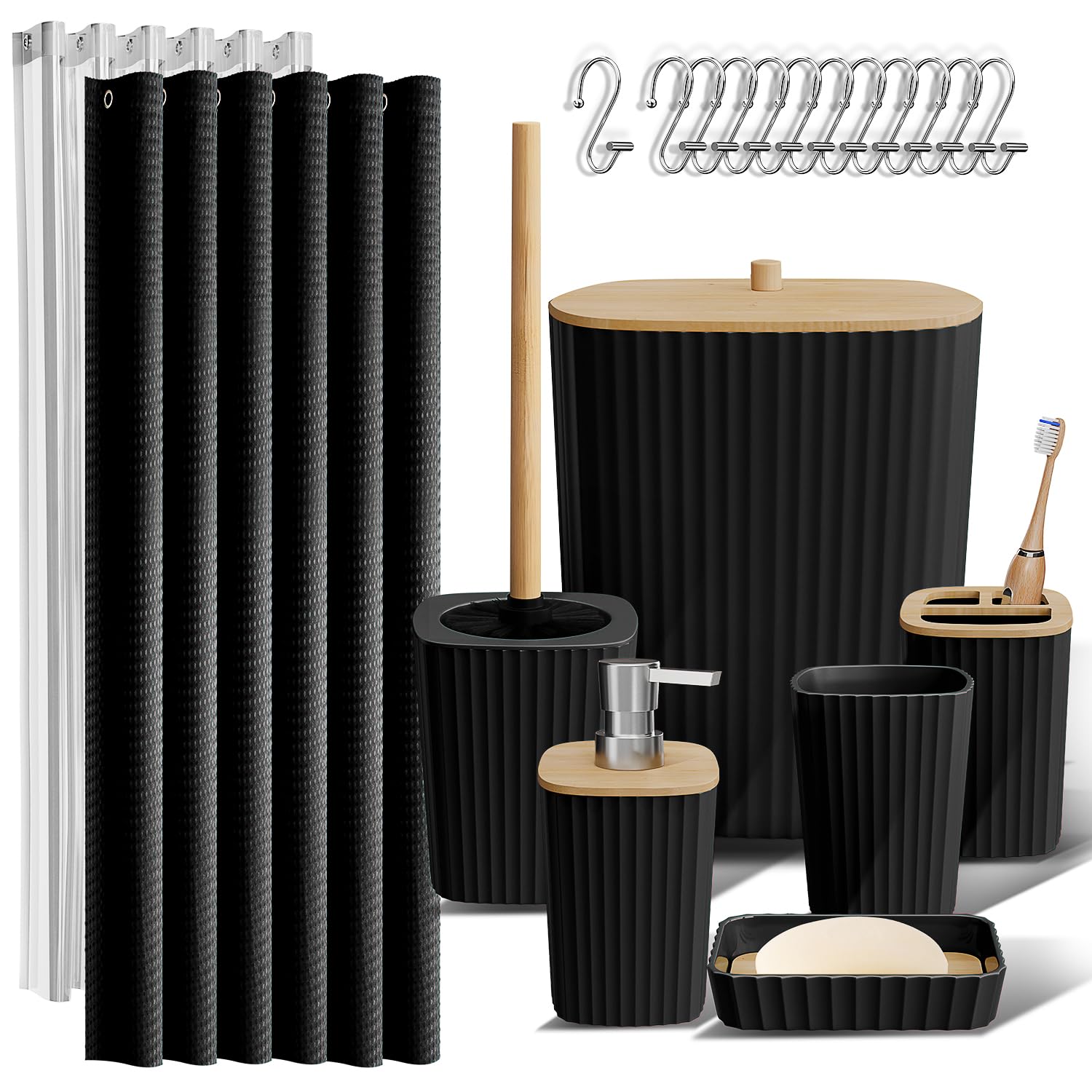 Clara Clark Bathroom Accessories Set - Bathroom Set, Bathroom Accessory Set, Shower Curtain Set, Toilet Brush, Trash Can & Soap Dispenser - Navy - 20PC