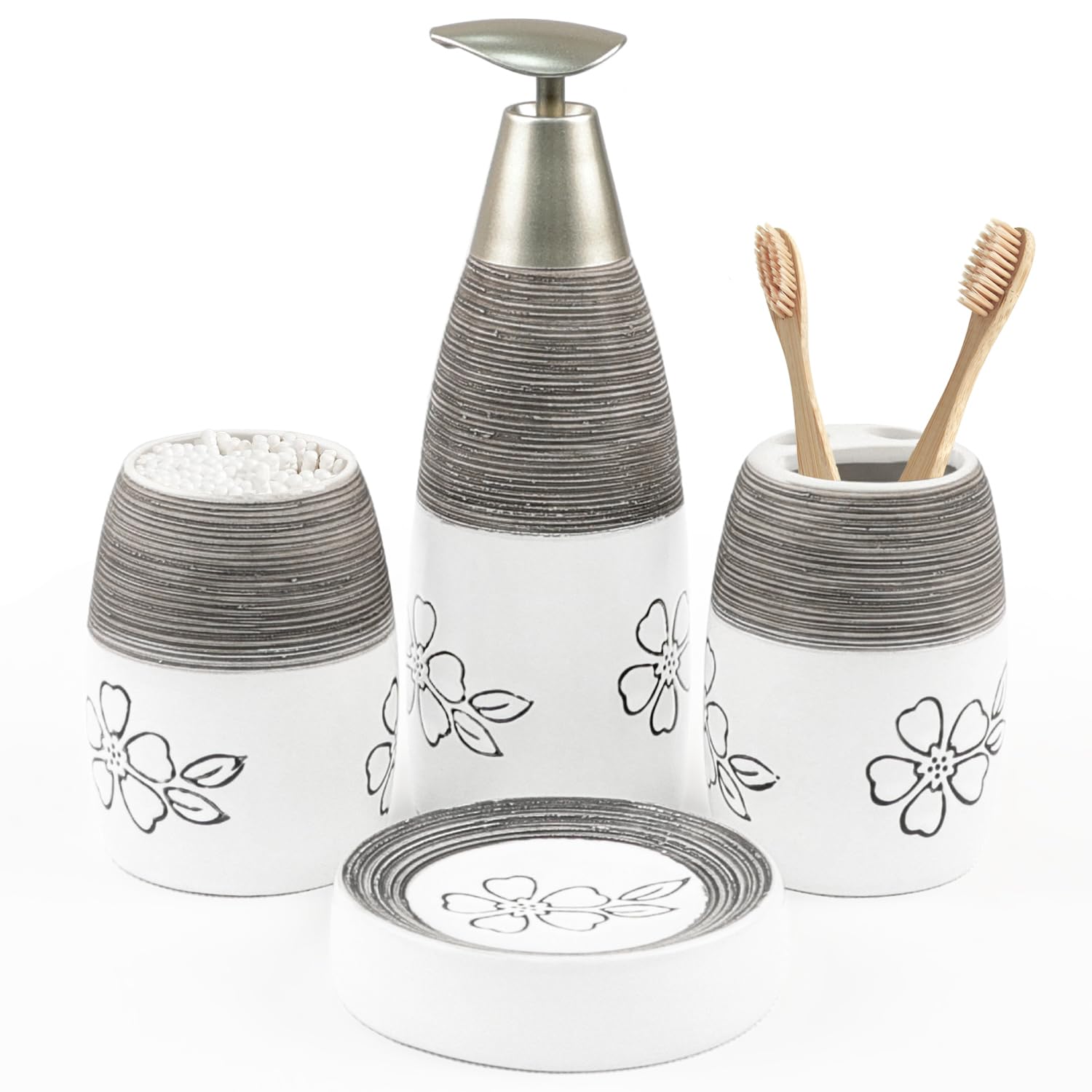 CERBIOR Bathroom Accessories Set,4 Pcs Ceramic Bathroom Decor Accessory,Includes Toothbrush Holder, Toothbrush Cup, Soap Dish for Decorative Countertop and Housewarming Gift, (Brown White)