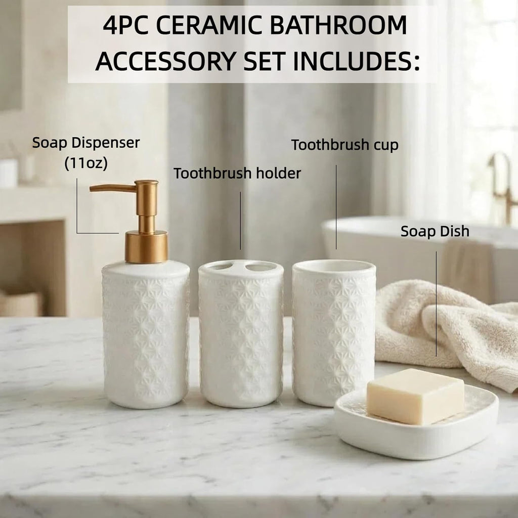 White Bathroom Accessories Set, 4 Pcs Ceramic Bathroom Accessory Set, Lotion Soap Dispenser, Toothbrush Holder Set with Soap Dish, Modern Bathroom Decor (Star-Patterned)