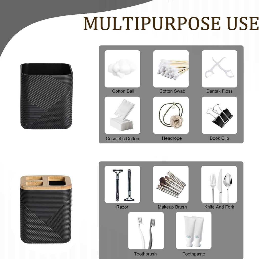 CERBIOR Bathroom Accessories Set 6 Piece Bamboo Bath Ensemble Includes Soap Dispenser, Toothbrush Holder, Toothbrush Cup, Soap Dish for Decorative Countertop and Housewarming Gift (Black)
