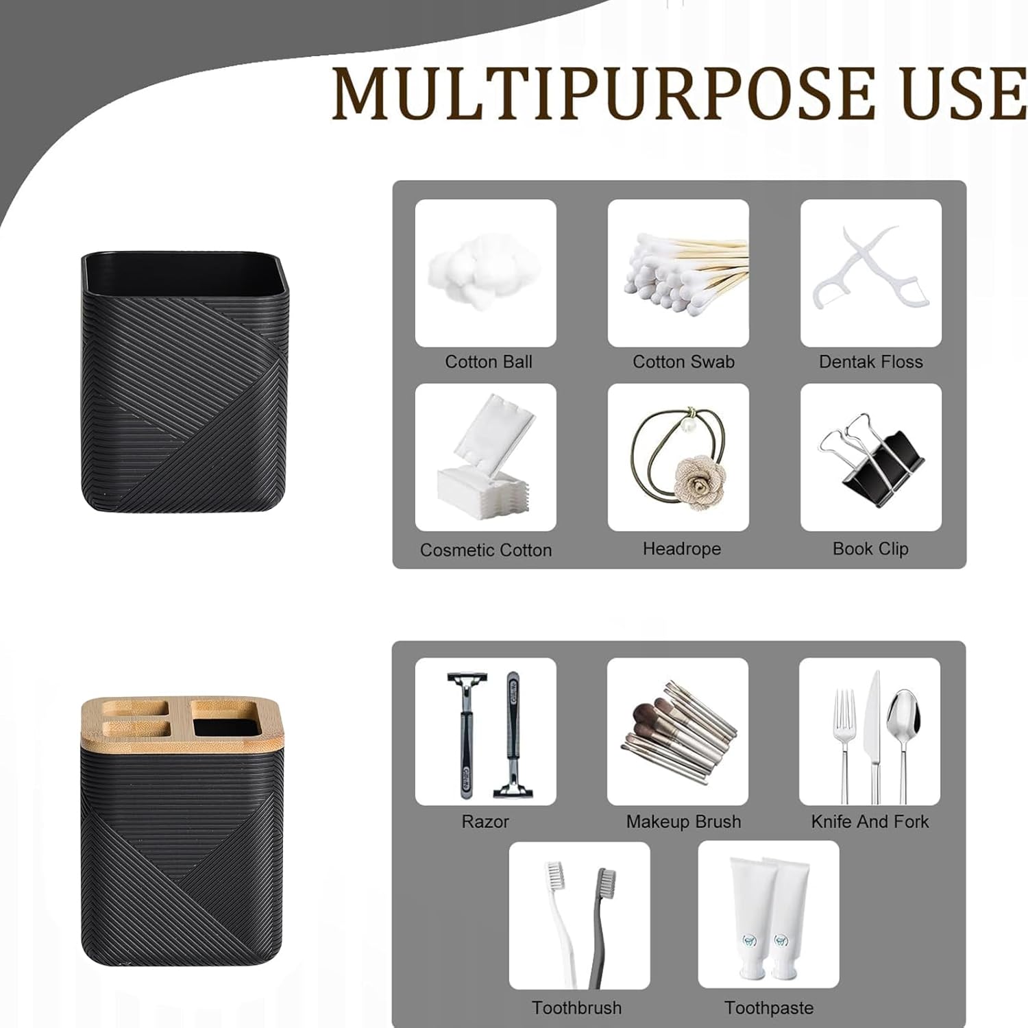 CERBIOR Bathroom Accessories Set 6 Piece Bamboo Bath Ensemble Includes Soap Dispenser, Toothbrush Holder, Toothbrush Cup, Soap Dish for Decorative Countertop and Housewarming Gift (Black)