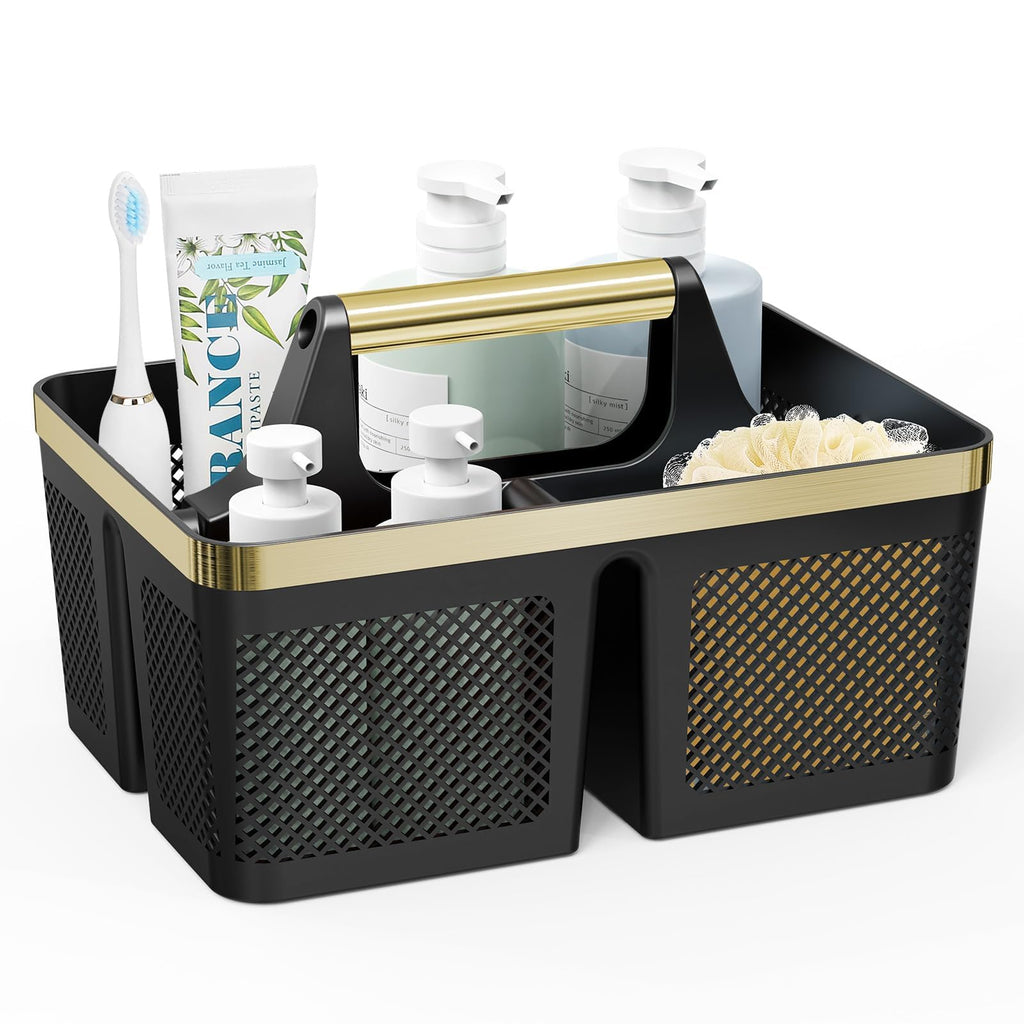 BYUNER Black Shower Caddy Portable: Plastic Bathroom Caddy Organizer with Handle and Holes, Cleaning Caddy, Hard Shower Basket Storage Tote for Toiletry, College Dorm Room Essentials for Men