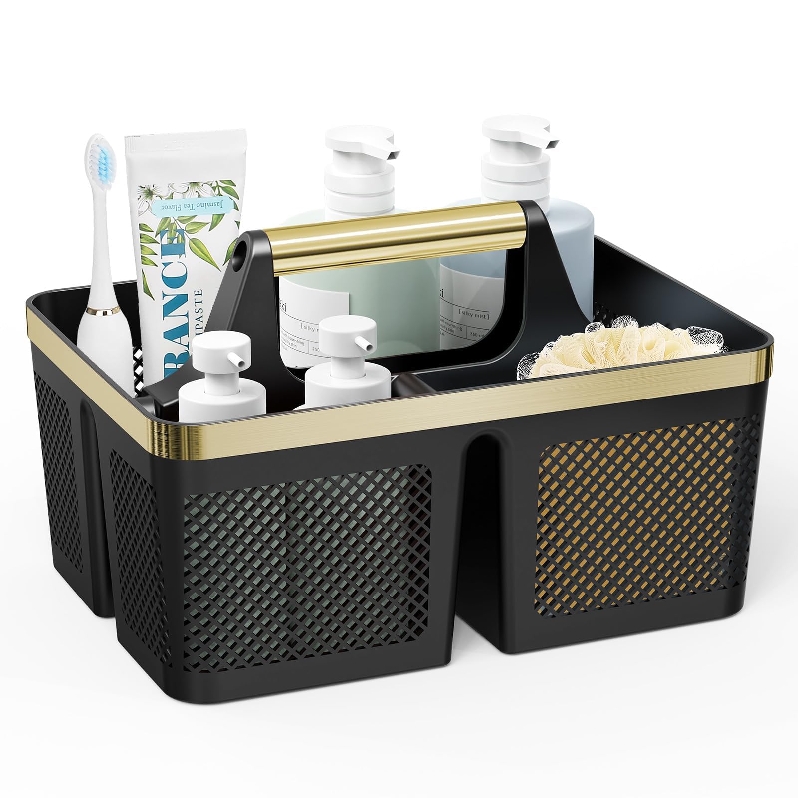 BYUNER Black Shower Caddy Portable: Plastic Bathroom Caddy Organizer with Handle and Holes, Cleaning Caddy, Hard Shower Basket Storage Tote for Toiletry, College Dorm Room Essentials for Men