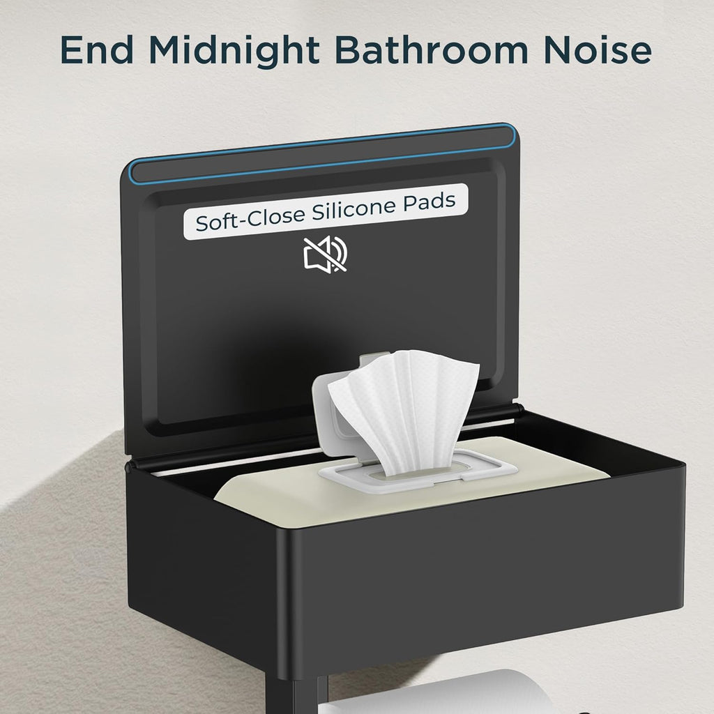 FORIOUS Toilet Paper Holder with Shelf, Sanitary Napkin Receptacle Tampon Holder, Wall Mount Toilet Paper Holder with Storage, Flushable Wipes Dispenser Fits for Bathroom Commercial(1, Matte Black)