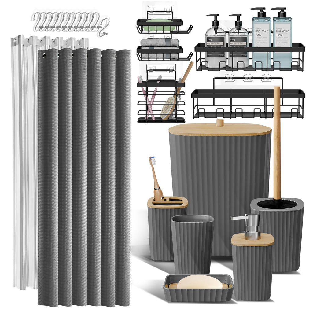 Clara Clark Bathroom Accessories Set - Bathroom Set, Bathroom Accessory Set, Shower Curtain Set, Toilet Brush, Trash Can & Soap Dispenser - Navy - 20PC
