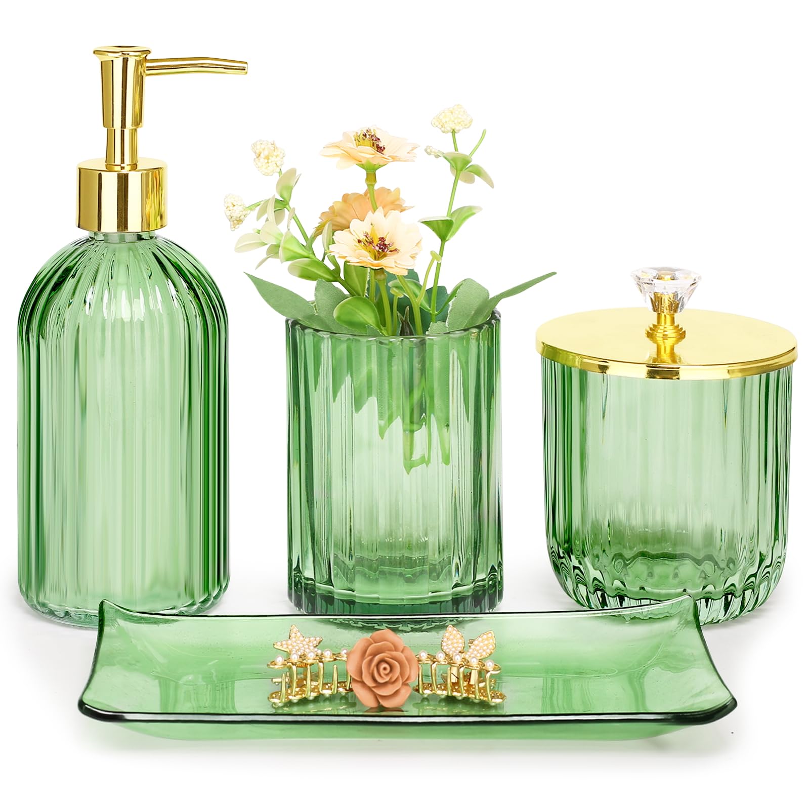 Haturi Bathroom Accessories Set, 4Pcs Sage Green Glass Bathroom Set Complete w/Bathroom Soap Dispenser Set, Toothbrush Holder, Qtip Holder, Soap Dish, Green Bathroom Decor, Gift for Home Apartment