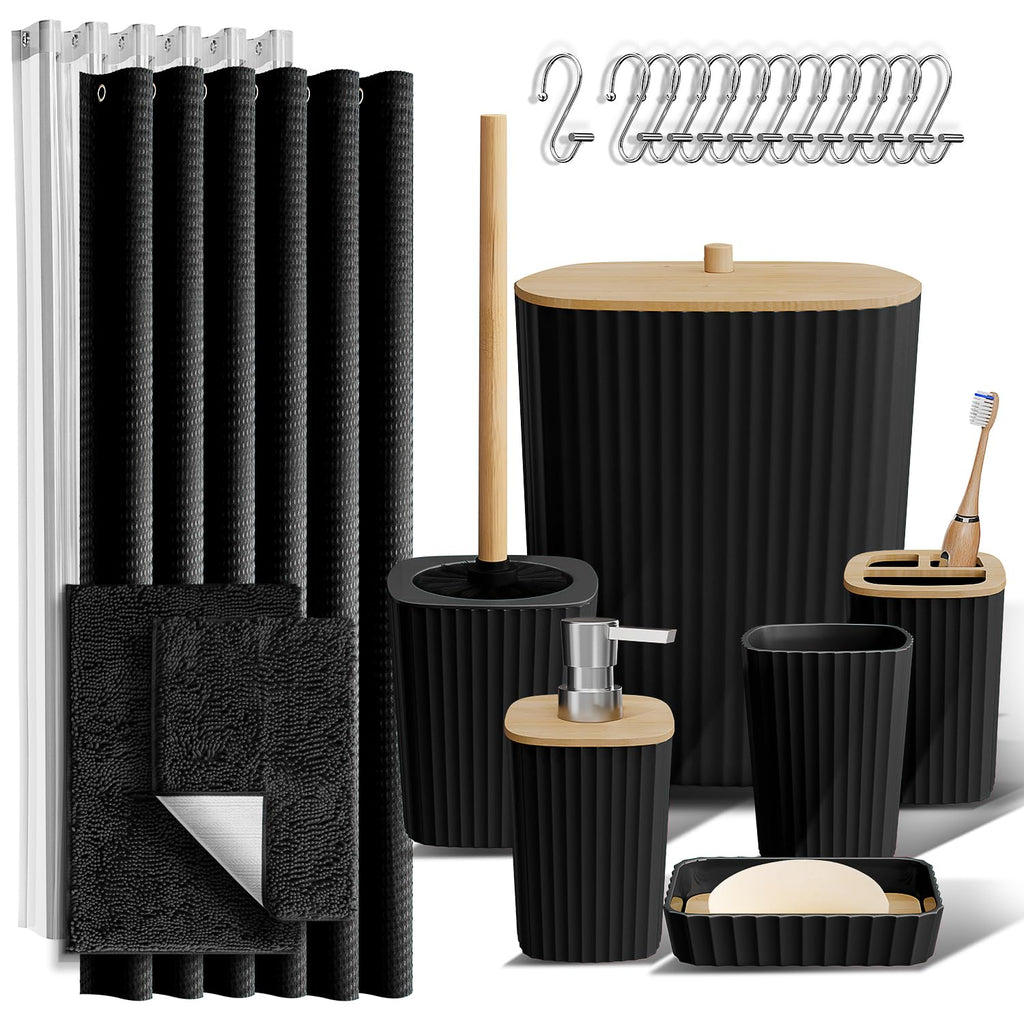 Clara Clark Bathroom Accessories Set - Bathroom Set, Bathroom Accessory Set, Shower Curtain Set, Toilet Brush, Trash Can & Soap Dispenser - Navy - 20PC