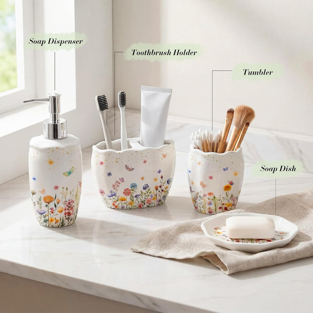 Newtay Ceramic Bathroom Accessories Set of 4, Wildflower Meadow Floral Decor with Butterflies & Gold Speckles, Soap Dispenser Pump, Toothbrush Holder, Tumbler Cup & Soap Dish for Countertop Vanity