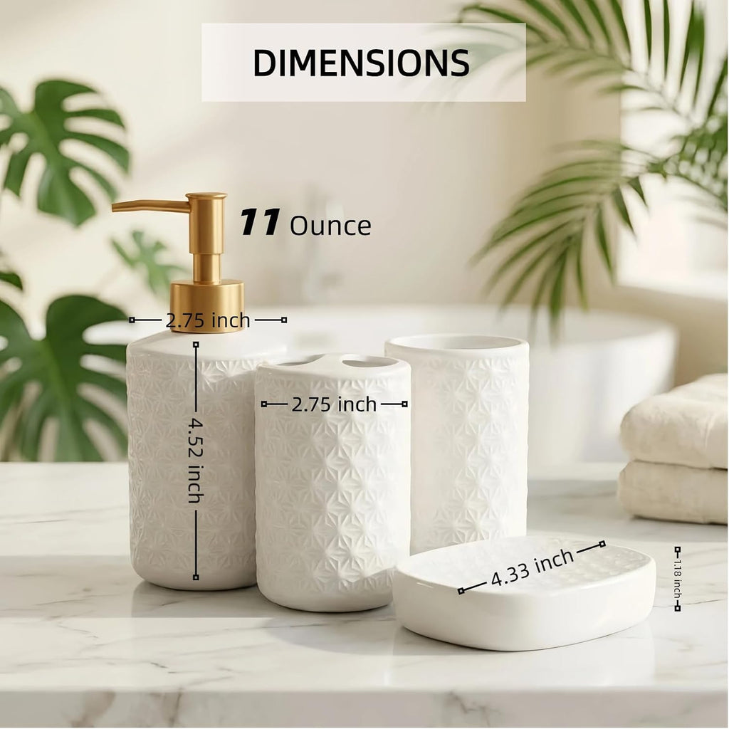 White Bathroom Accessories Set, 4 Pcs Ceramic Bathroom Accessory Set, Lotion Soap Dispenser, Toothbrush Holder Set with Soap Dish, Modern Bathroom Decor (Star-Patterned)