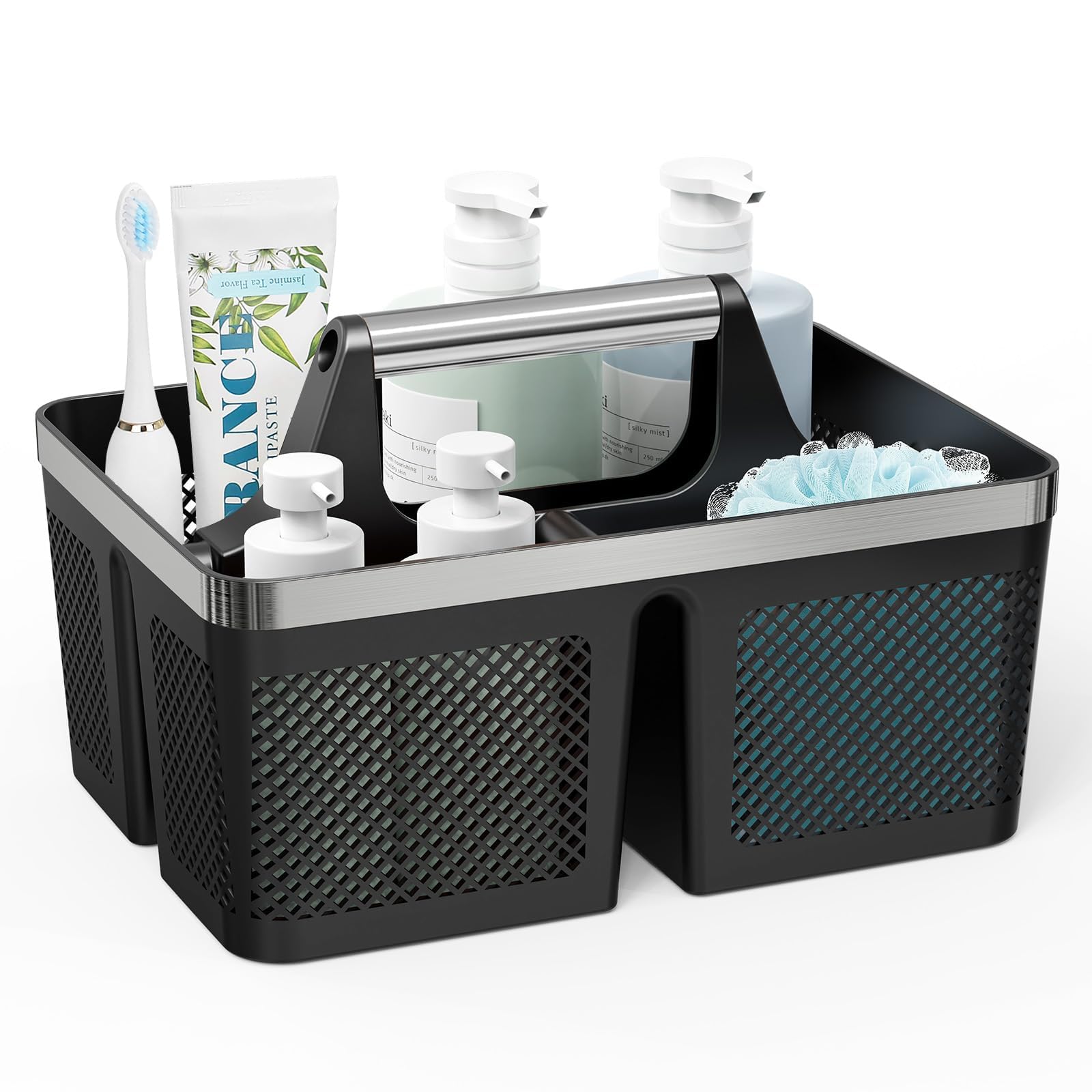 BYUNER Black Shower Caddy Portable: Plastic Bathroom Caddy Organizer with Handle and Holes, Cleaning Caddy, Hard Shower Basket Storage Tote for Toiletry, College Dorm Room Essentials for Men