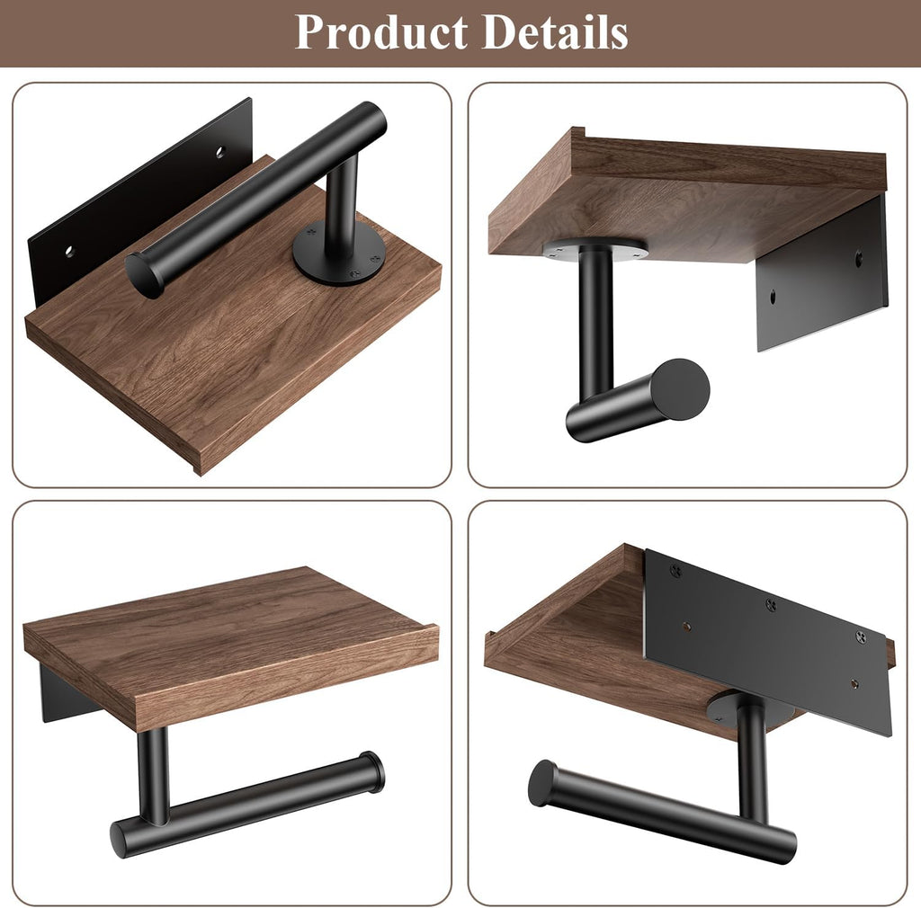 Walnut Matte Black Stainless Steel Wall Mount Toilet Paper Holder with Storage Shelf Bathroom Restroom Decor Accessory