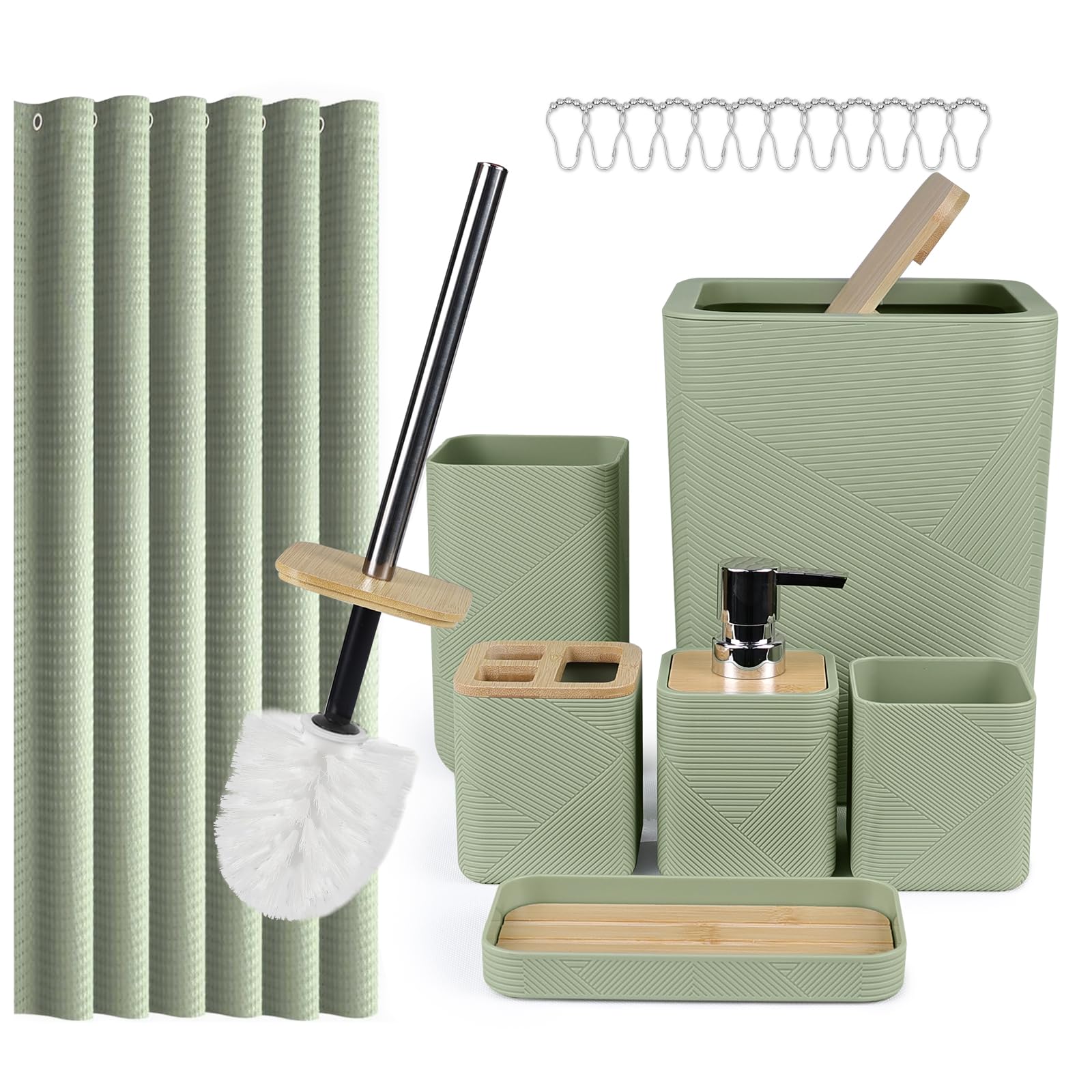 CERBIOR Bathroom Accessories Set 6 Piece Bamboo Bath Ensemble Includes Soap Dispenser, Toothbrush Holder, Toothbrush Cup, Soap Dish for Decorative Countertop and Housewarming Gift (Black)