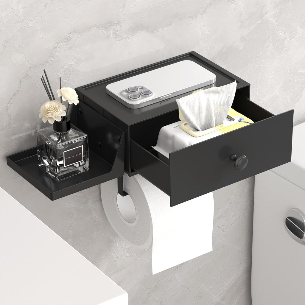 Lifewit Plastic Toilet Paper Holder with Shelf and Drawer, Screw or Adhesive Wall Mount Tissue Roll Storage, Sturdy Bathroom Wipes Dispenser Organizer, Black, 1 Pack