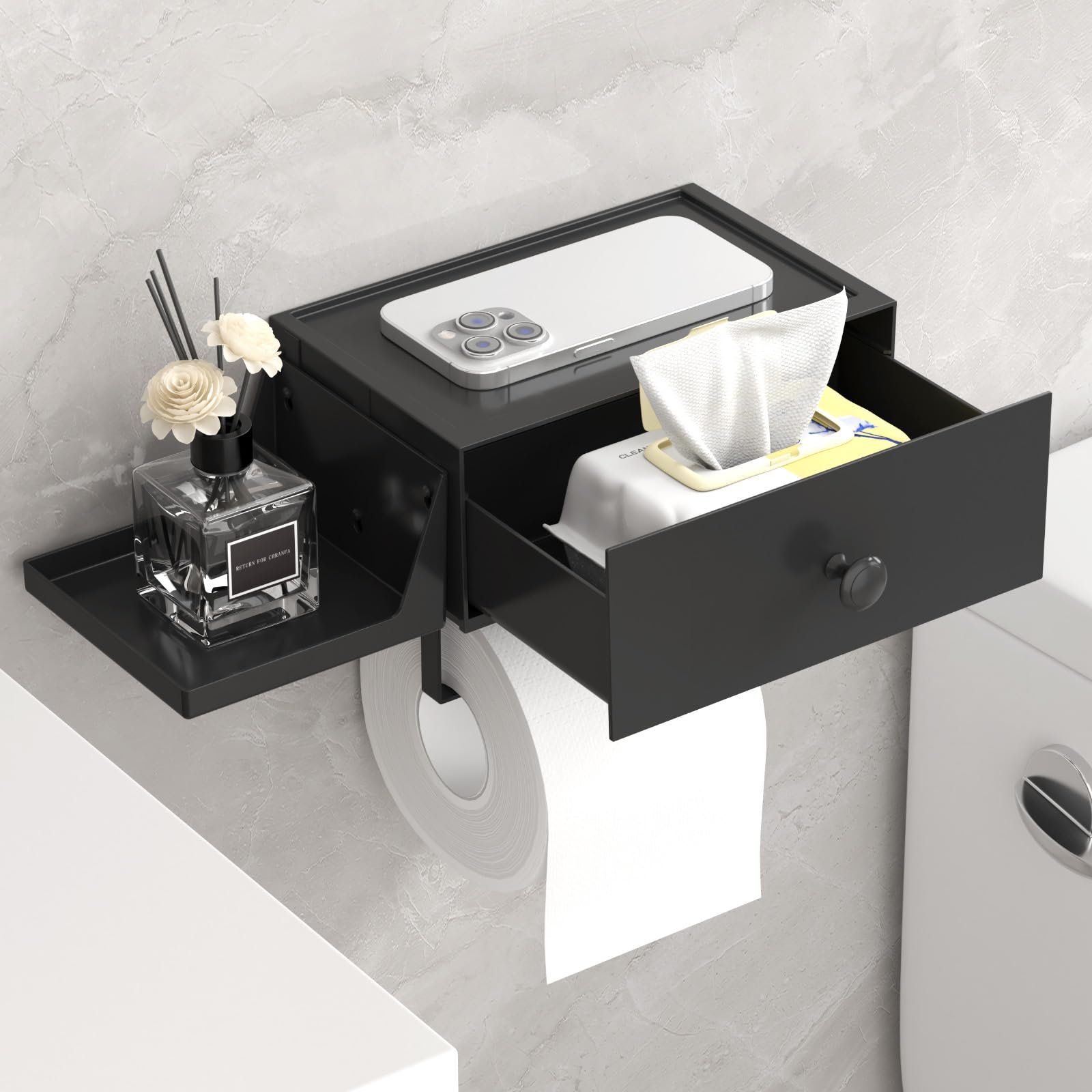 Lifewit Plastic Toilet Paper Holder with Shelf and Drawer, Screw or Adhesive Wall Mount Tissue Roll Storage, Sturdy Bathroom Wipes Dispenser Organizer, Black, 1 Pack