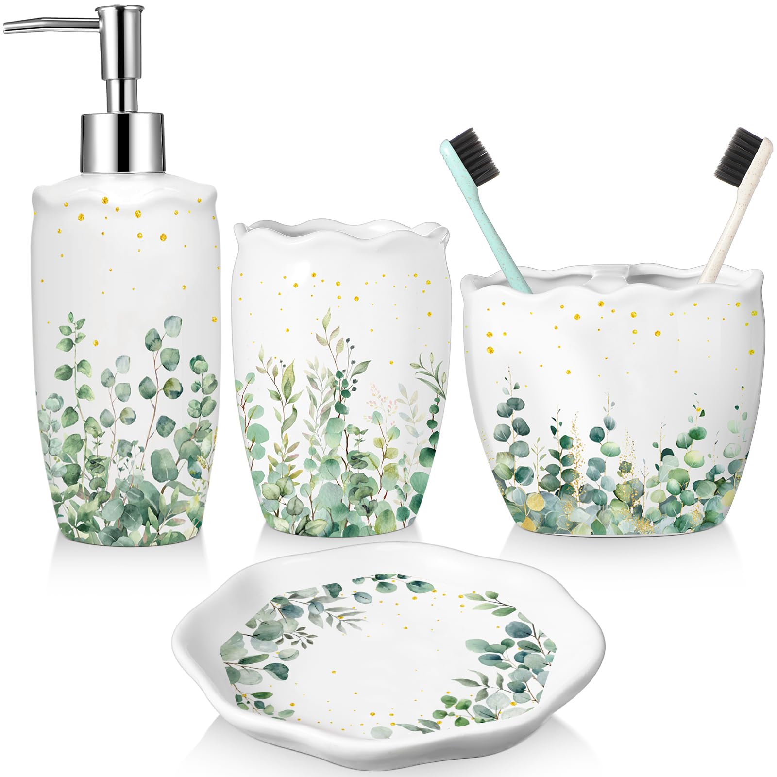 Newtay Ceramic Bathroom Accessories Set of 4, Wildflower Meadow Floral Decor with Butterflies & Gold Speckles, Soap Dispenser Pump, Toothbrush Holder, Tumbler Cup & Soap Dish for Countertop Vanity