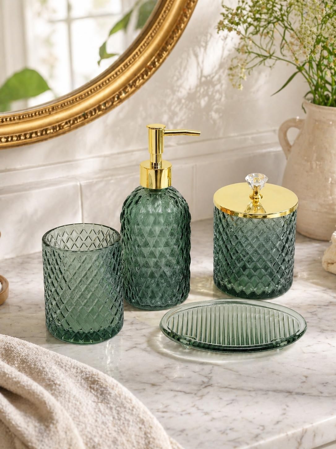 Haturi Bathroom Accessories Set, 4Pcs Sage Green Glass Bathroom Set Complete w/Bathroom Soap Dispenser Set, Toothbrush Holder, Qtip Holder, Soap Dish, Green Bathroom Decor, Gift for Home Apartment