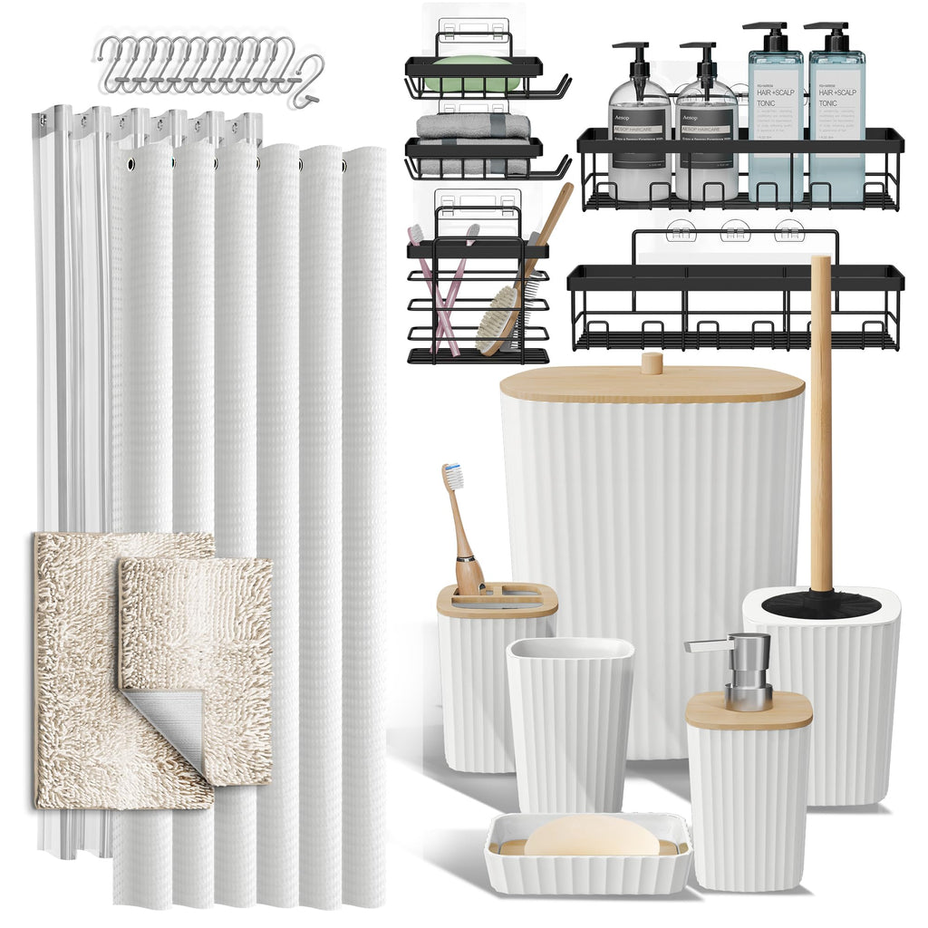 Clara Clark Bathroom Accessories Set - Bathroom Set, Bathroom Accessory Set, Shower Curtain Set, Toilet Brush, Trash Can & Soap Dispenser - Navy - 20PC
