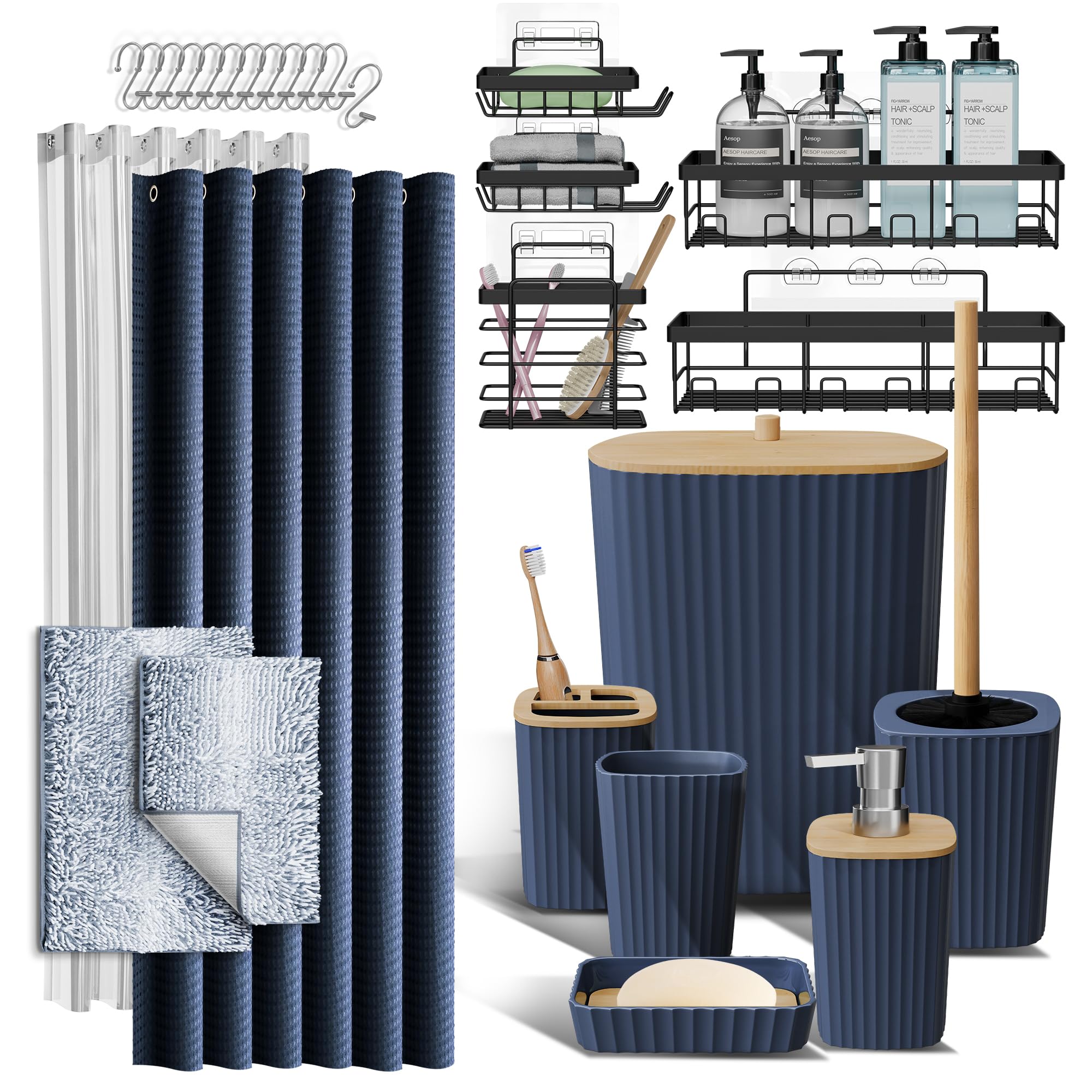 Clara Clark Bathroom Accessories Set - Bathroom Set, Bathroom Accessory Set, Shower Curtain Set, Toilet Brush, Trash Can & Soap Dispenser - Navy - 20PC