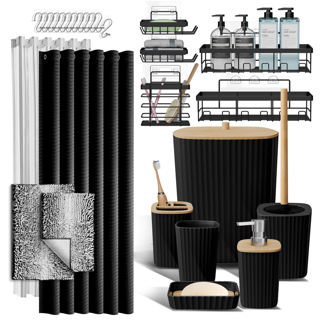 Clara Clark Bathroom Accessories Set - Bathroom Set, Bathroom Accessory Set, Shower Curtain Set, Toilet Brush, Trash Can & Soap Dispenser - Navy - 20PC